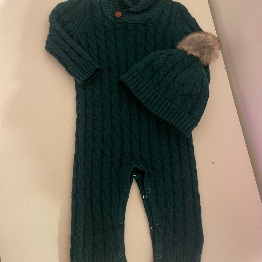 Tahari Green Cable Knit Baby Footie (footless) with Hat